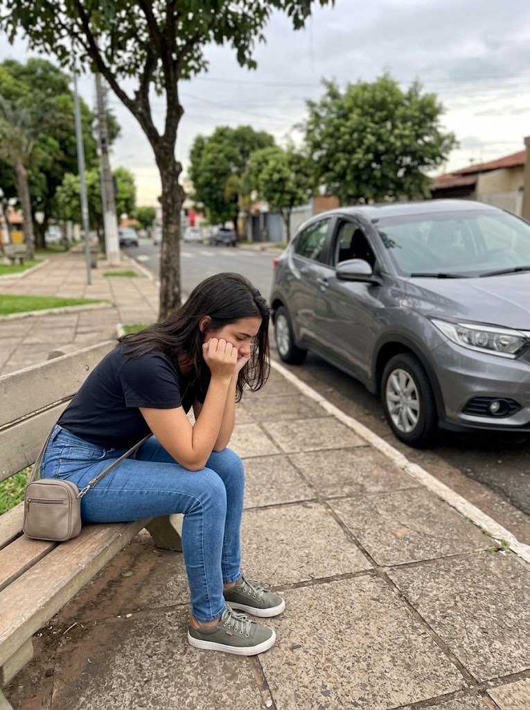 Jovem preocupada com as mãos no rosto