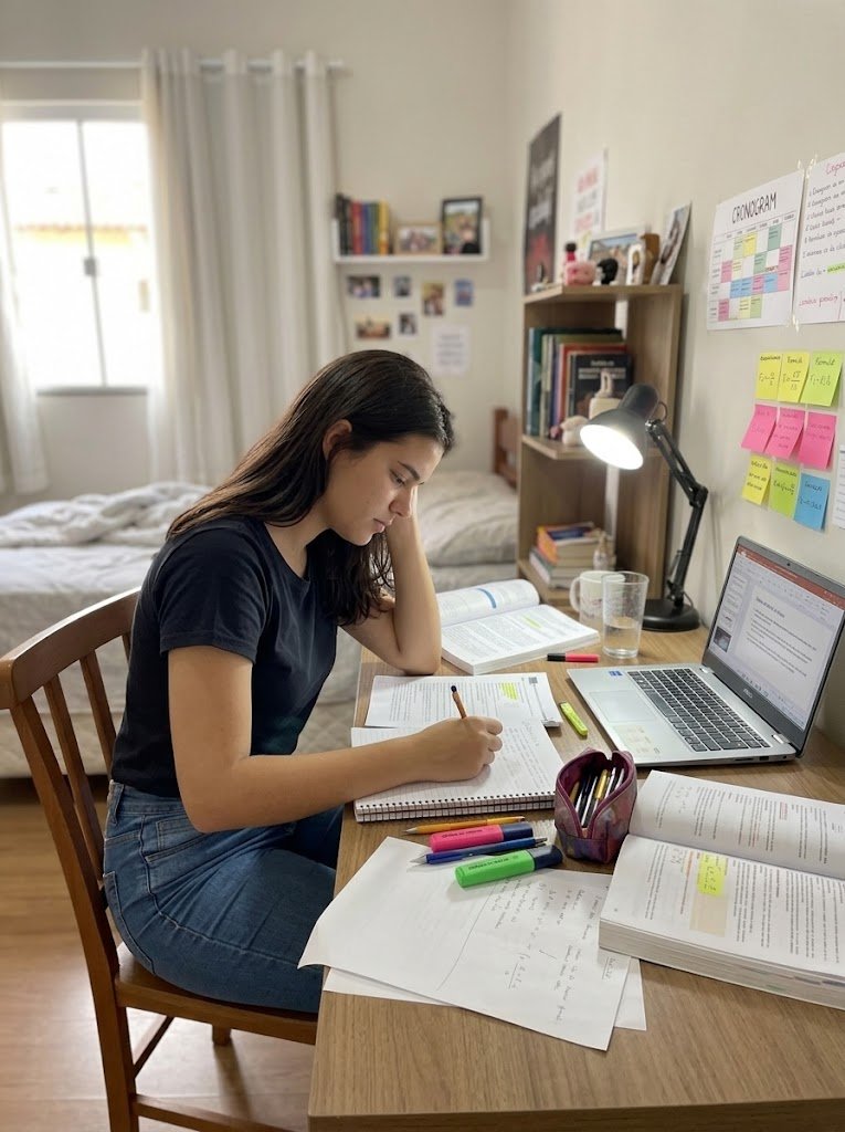 Jovem cansada estudando